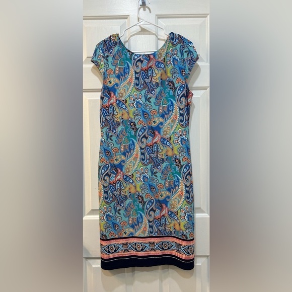 Karin Stevens Dress Colorful Paisley Stretch Short Cap Sleeve Knee Length Sz L - Picture 2 of 7